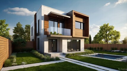 Contemporary duplex with shared green yard, clean lines, city background, 3D architectural photography