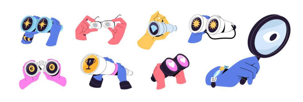 Set of binoculars in hands. People look for with magnifier, search for with telescope, seek, observe through magnifying glass. Curiosity, discovery concept. Flat isolated vector illustrations on white