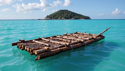 Obraz premium A rustic raft made of logs floating on a calm turquoise sea near an island.