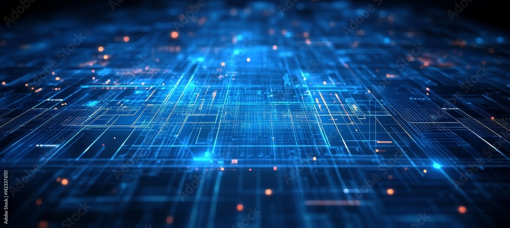 Poster abstract flowing lines and data points representing technology, data transmission, and circuitry.