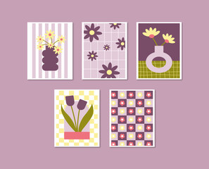 A set of 5 floral illustrations in soft pastel tones, perfect for home decor, nursery wall art, or aesthetic printable gifts. Includes vases, tulips, floral grids, and seamless flower patterns.