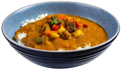 A cozy bowl of Japanese curry rice, featuring thick, mildly spiced curry sauce with tender white background and photographed aesthetically for promotion, advertisement, menu, poster.