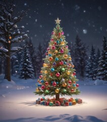 Sparkling Christmas tree, colorful baubles, twinkling lights, snowy scene,  illustration,  colorful