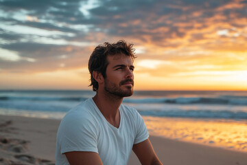 Person meditating in sunlight nature park beach ocean forest field in peaceful mindfulness practice, generative ai