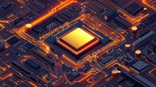 An isometric style digital illustration of a high tech microprocessor on an advanced circuit board, AI processor, futuristic micro chip, modern motherboard technology