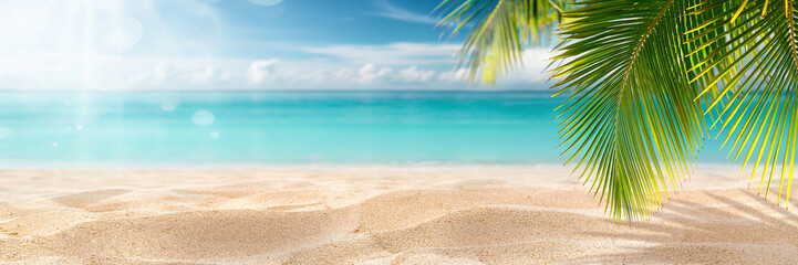 Beautiful wide panorama of a tropic paradise summer beach with white sand and palm leaves. Natural...