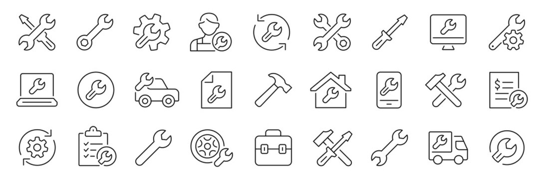 Fototapeta Repair and Service thin line icons set. Maintenance, Screwdriver, Wrench icon. Auto service. Editable stroke. Vector