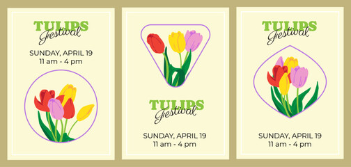 Fototapeta premium Tulips festival trendy poster, banner, card, cover set. Design template for Spring event. Background with tulip flowers and text. Floral greeting card collection.