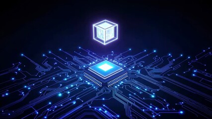 A futuristic glowing micro chip with a holographic cube hovering above it, AI processor, futuristic style, motherboard, advanced digital circuits, high tech computing concept - Powered by Adobe