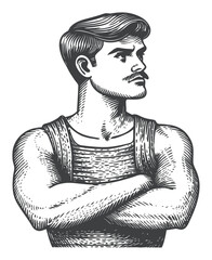 Vintage Engraved Portrait of Muscular Man with Classic Hairstyle
