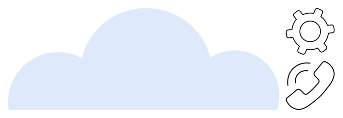 Blue cloud with gear and phone icons suggesting cloud-based communication, technical support, or service integration. Ideal for technology, telecommunication, cloud storage, IT solutions