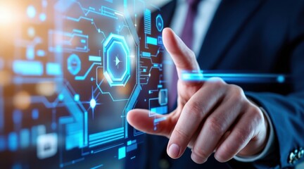 A businessman interacts with a digital interface, showcasing high-tech features and futuristic design elements.