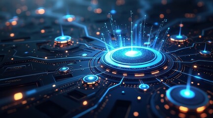 A futuristic digital network with glowing blue nodes and circuits, representing technology and connectivity.