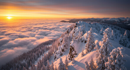 Snowy Mountain Range at Sunrise with Frost-Covered Peaks and Windblown Snow