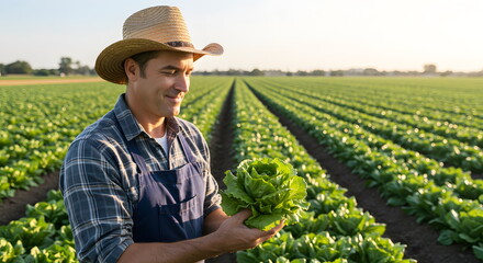 A farmer inspecting the quality of fresh produce in her field against a simple background of neat crop rows and clear sky, conveying care and agricultural quality.