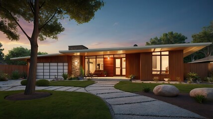 Mid-century modern exterior with sharp roof lines, warm lighting, photoreal render style