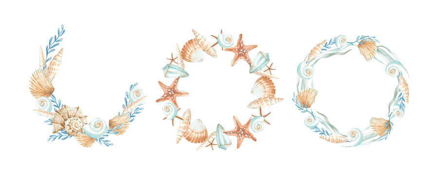 Seashells wreath set. Round frames with shells, starfish and seaweed. Templates for designing postcards, labels, summer marine collections of tableware and textiles.