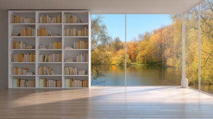 scenic bookshelf background of interior home office library study window views of trees with water lake scenery. Bookshelves in contemporary room. Online virtual presentation.