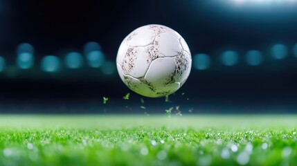 Fototapeta premium A soccer ball in mid-air over a stadium field