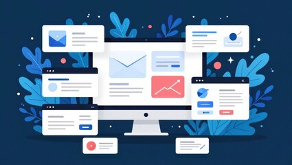 A digital illustration of a computer screen displaying email and analytics interfaces, surrounded by stylized foliage in a vibrant blue background.