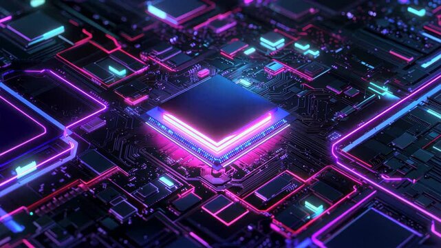 A micro chip embedded in a high tech circuit board, AI processor, gradient style, motherboard, digital circuits, modern semiconductor industry, high tech computing