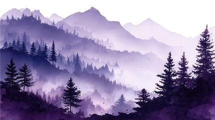 Serene purple misty landscape with mountains and trees in watercolor style.