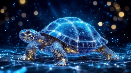 Holographic Turtle in Digital Space Symbol of Modern Technology, Innovation, and the Future.