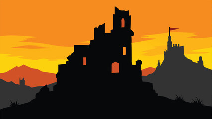 Fototapeta premium Silhouette Of Ruined Castle With Glowing Background