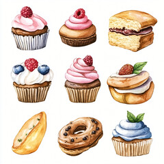 set of cupcakes, A Watercolor hand-painted collection with delicious pastries cupcakes isolated on a white background, AI painting design, flat watercolor painting, simple design