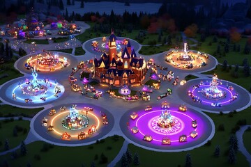 Illuminated amusement park layout at night.