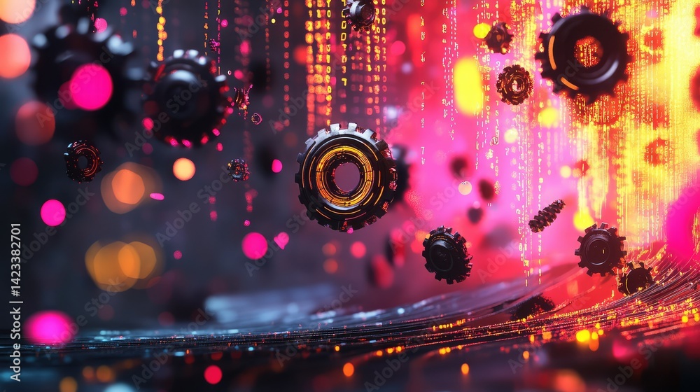 Poster 3d tech gears with floating numbers and holographic data grids on dark abstract background