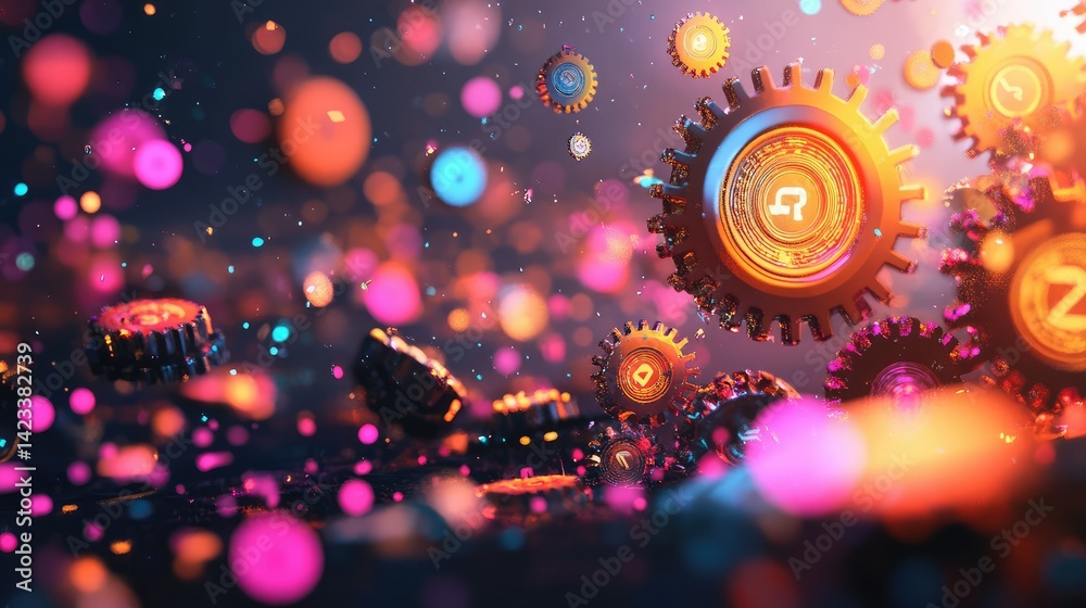 Poster 3d tech gears with floating numbers and holographic data grids on dark abstract background