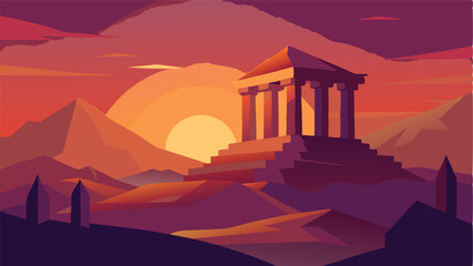 Low Poly Sunset Temple Ruins With Glowing Sky