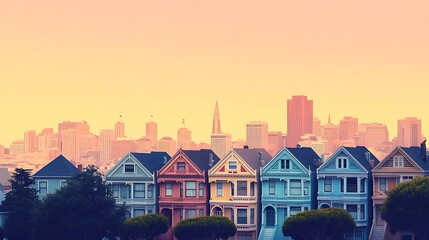 Flat minimalist design of San Francisco&rsquo;s painted ladies houses in silhouette, lined up with skyline behind, soft pastel sky with clear contrast, geometric house details simplified, hd quality,
