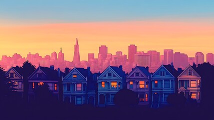 Flat minimalist design of San Francisco&rsquo;s painted ladies houses in silhouette, lined up with skyline behind, soft pastel sky with clear contrast, geometric house details simplified, hd quality,