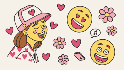A cheerful girl wearing a hat smiles brightly while surrounded by playful emojis, hearts, and flowers, capturing a joyful and friendly vibe during a sunny day