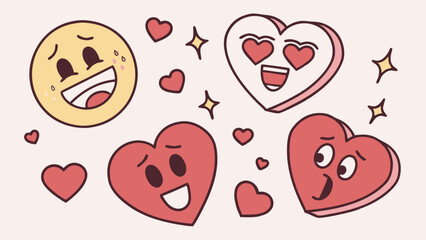 A vibrant set of love emojis showcases different expressions, including smiling and heart-eyed faces