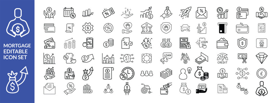 loan line icons. Mortgage, credit, debt, tax etc. Editable stroke Big Set 