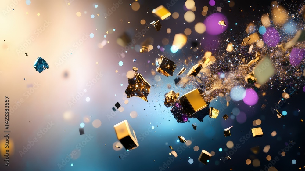 Poster floating tech fragments and shimmering digital particles in abstract black void with metallic textur