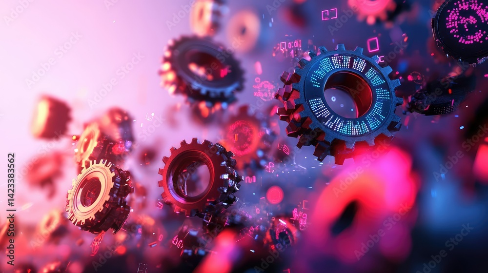 Poster futuristic abstract background with rotating gear wheels and binary code streams in digital blue