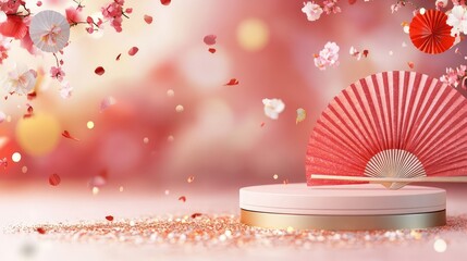 Elegant CNY concept with podium, paper fans, and abstract red textures in background