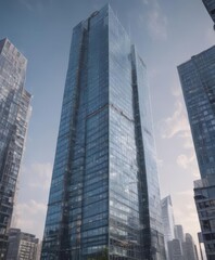 Obraz premium Timelapse of sleek glass skyscraper rising, city skyline backdrop, high-tech, dawn, residential