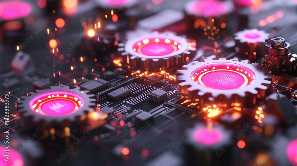 Fototapete futuristic schematic of interlocking gears and glowing circuit data elements on dark backdrop