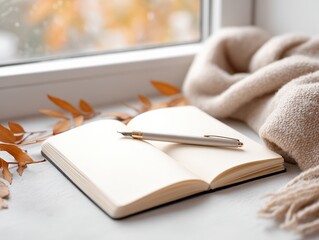 Flat lay of blank notebook and pen near frosty window, accompanied by dried leaves and cozy scarf, symbolizing readiness for year-end reflections, Selective Focus..