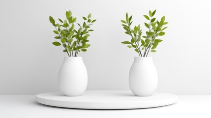 Two white ceramic vases with green leafy branches on a round white platform, minimalist interior decor, and clean and modern composition.