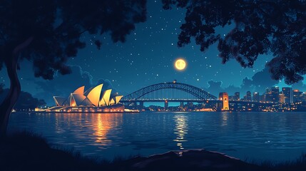 Obraz premium Flat minimalist night scene of Sydney with Opera House and Harbour Bridge lit from below, ocean in foreground, soft moon glow in sky, simplified city lights as tiny dots, hd quality, natural look.