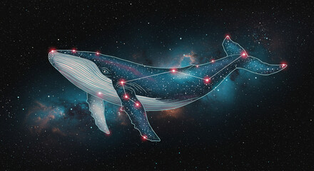 Naklejka premium Whale Swimming in Starry Space with Constellation