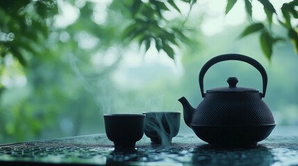 Black iron teapot and tea cup on wooden table with green trees and soft natural background, representing traditional tea culture, product photography, peaceful outdoor setting, and high-definition