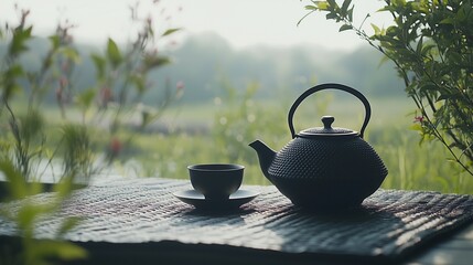 Black iron teapot and tea cup on wooden table with green trees and soft natural background, representing traditional tea culture, product photography, peaceful outdoor setting, and high-definition