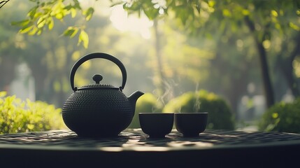 Black iron teapot and tea cup on wooden table with green trees and soft natural background, representing traditional tea culture, product photography, peaceful outdoor setting, and high-definition